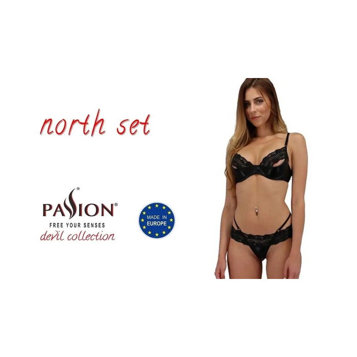 Комплект белья из латекса Passion NORTH SET с кружевной отделкой, черный, S/M