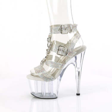 Босоножки Adore-756RS. Каблук 7 дюймов, 2 3/4 дюйма, Т-образный ремешок с двумя пряжками, украшенный стразами, серебристый AB, прозрачный.