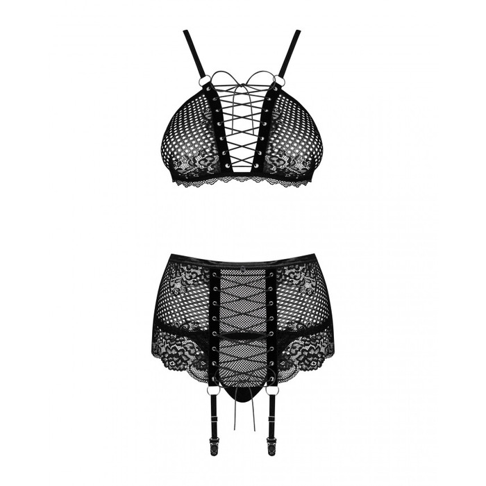 Комплект со шнуровкой и поясом для чулок Obsessive Basitta, черный, S/M