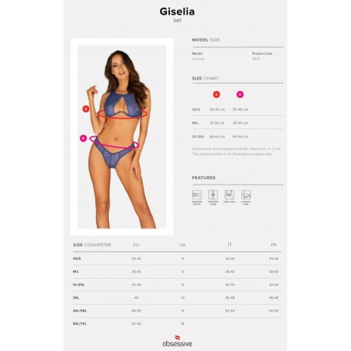 Комплект сексальної білизни XS/S Giselia Obsessive з мереживом синій