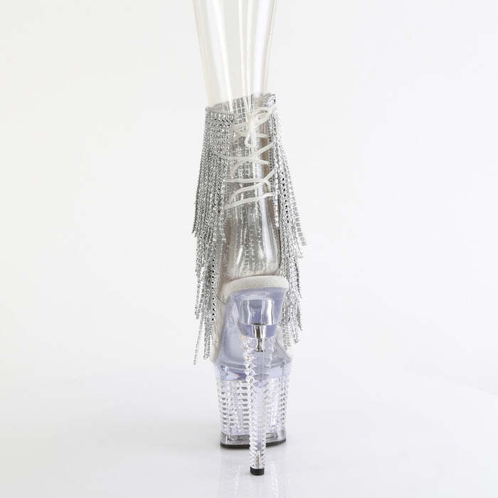 Ботинки Spectator-1017RSF, каблук 7 дюймов, фактурный PF, открытый носок/пятка 3 дюйма, шнуровка, бахрома до щиколотки, прозрачный/серебристый