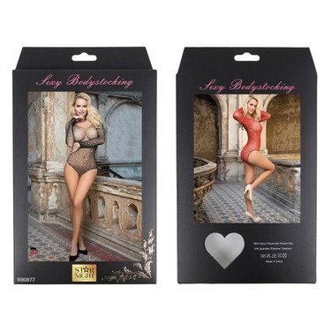 Боди в сетку Star Night Sparkle с длинными рукавами и открытыми плечами, красный