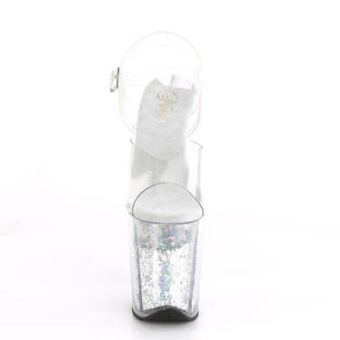 Босоніжки Flamingo-808GF на підборах 8 дюймів, босоніжки з ремінцем на щиколотці 4 дюйми з блискітками, прозорі/сріблясті