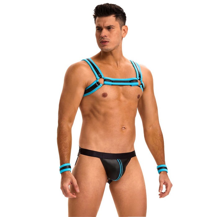 Чоловічий комплект з блискавкою на трусах та відкритим доступом Star Night з портупеєю та наручниками, XL