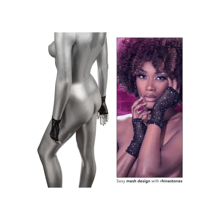 Перчатки короткие в мелкую сетку со стразами CalExotics Fingerless Gloves, черные