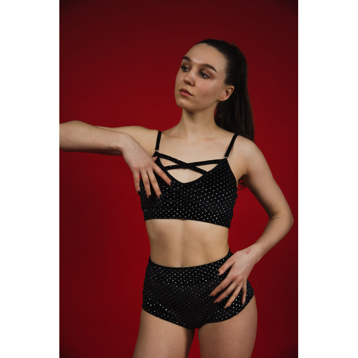 Sparkle Lurex Set — Блискучий Комплект із Велюровим Топом і Шортами для Танців та Сцени - чорний у крапку