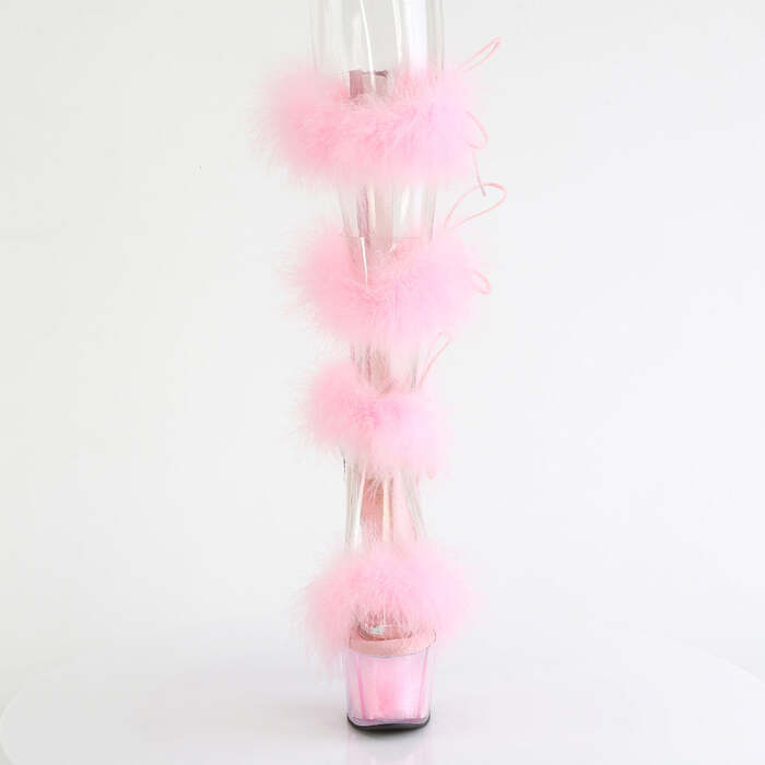 Босоножки Adore-728F, каблук 7 дюймов, высота 2 3/4 дюйма, меховая отделка марабу, молния сзади, прозрачный/розовый