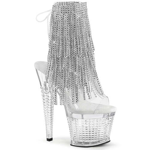 Ботинки Spectator-1017RSF, каблук 7 дюймов, фактурный PF, открытый носок/пятка 3 дюйма, шнуровка, бахрома до щиколотки, прозрачный/серебристый