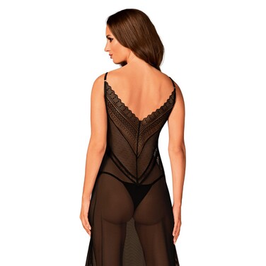 Пеньюар длинный Obsessive Estiqua с открытой спиной, черный, M/L