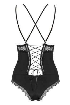 Эротическое боди из атласа с элементами кружева Obsessive Lolitte и открытой спиной, черный, XXL