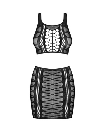 Комплект топ и юбка с сетчатыми вставками и узорами K102 Obsessive, черный, S/M/L