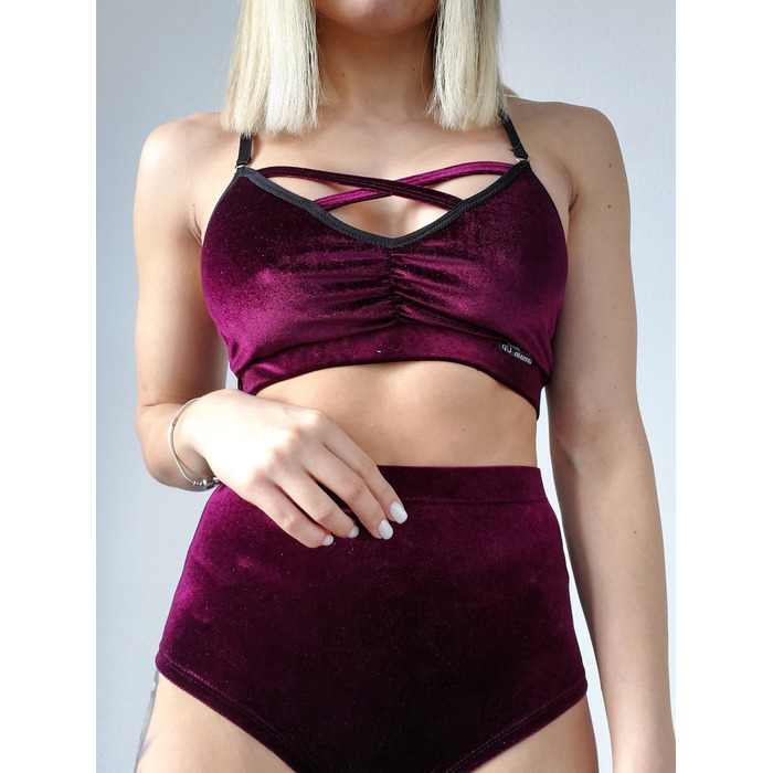 Classic Velvet Набір — Кроп-Топ з Перехресними Бретелями та Високі Шорти для Полденсу, Фітнесу та Виступів - бордовий