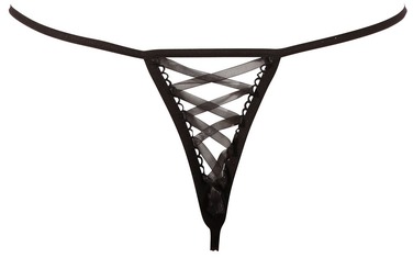 Стринги сексуальні Cottelli Collection String Rose з вишивкою та імітацією шнурівки, чорні, M/L