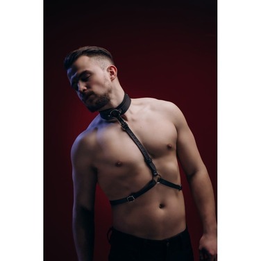 Портупея с ошейником мужская One Size Р7 , натуральная кожа, черная