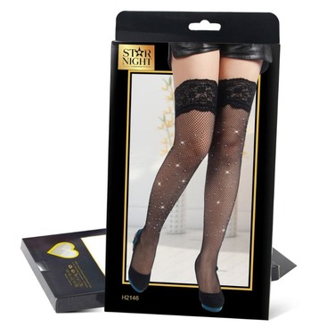Панчохи в сітку зі стразами та мереживним верхом Star Night на силіконовій стрічці, чорний