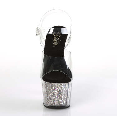 Босоніжки Adore-708CG на підборах 7 дюймів, босоніжки з ремінцем на щиколотці 2 3/4 дюйма з блискучими вставками, прозорі/сріблясті