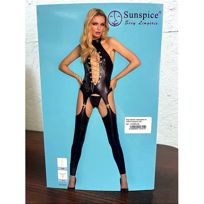 Комбинезон черный с чулками Sunspice и стринги в комплекте, L/XL