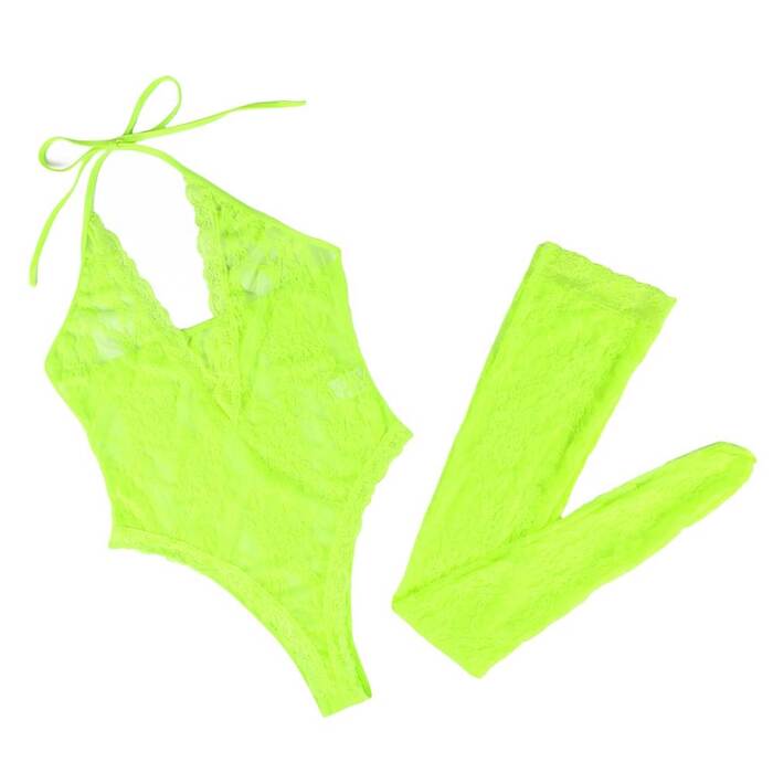 Комплект мереживний Star Night, боді з V-подібним вирізом та панчохи, салатовий