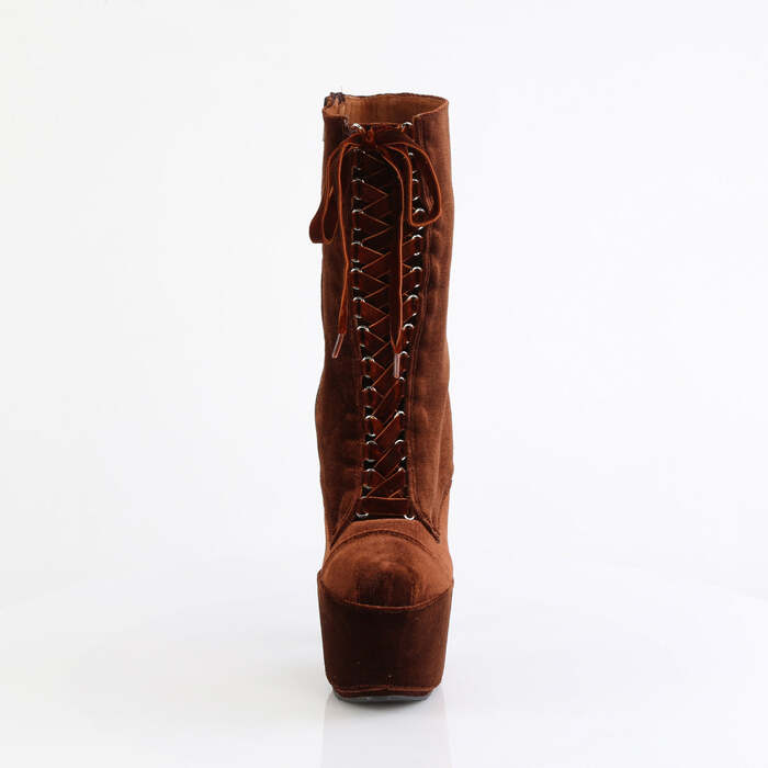 Ботинки Adore-1045VEL, каблук 7 дюймов, высота 2 3/4 дюйма, бархатные ботильоны со шнуровкой спереди, темно-коричневые