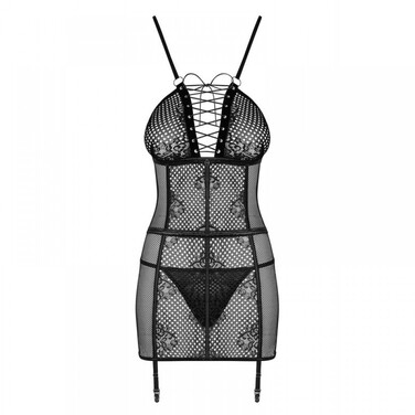 Пеньюар в сеточку Obsessive Basitta со шнуровкой, стринги в комплекте, черный, L/XL