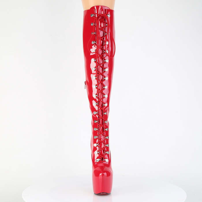 Ботинки Jubilant-3012, каблук 7 дюймов, высота ботфортов 3 дюйма, скрытые PF-панели, молния сбоку, красная эластичная лакированная кожа