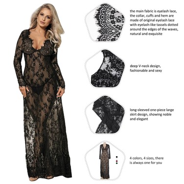 Пеньюар длинный кружевной Star Night и стринги, черный, XS/S