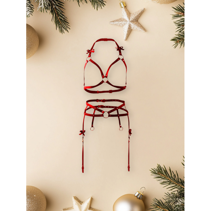 Портупея та пояс для панчох з бантиками Candy Hero 'Kit17' з екошкіри, червоні