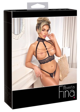 Комплект Abierta Fina відкритий ліф з декоративними ланцюжками та трусики з доступом, чорний, S