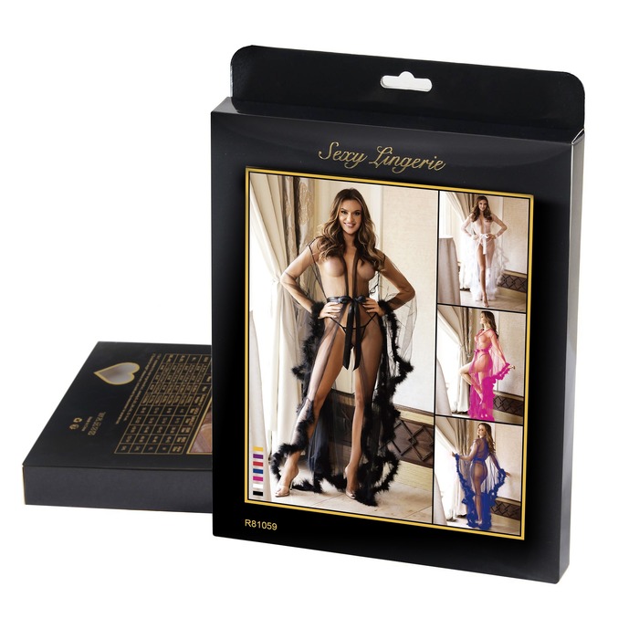 Халатик Star Night з обробкою у вигляді пір'я та довгими рукавами+трусики стрінги, чорний