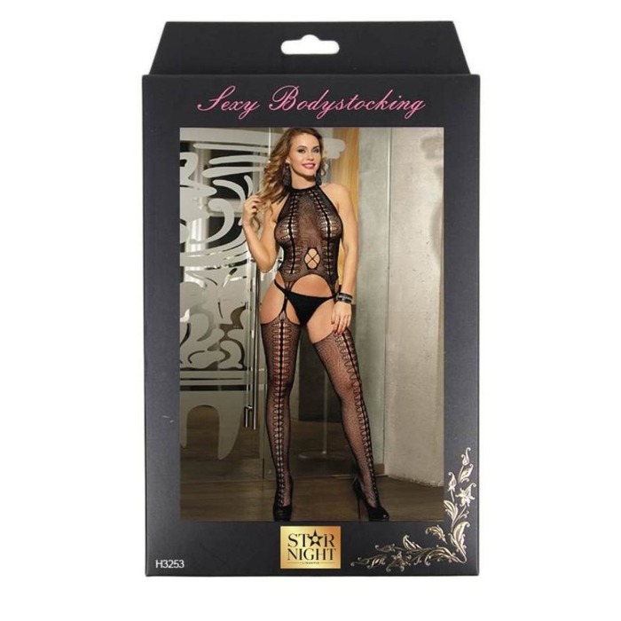 Бодистокинг в сеточку с воротником халтер Star Night черный XS-M