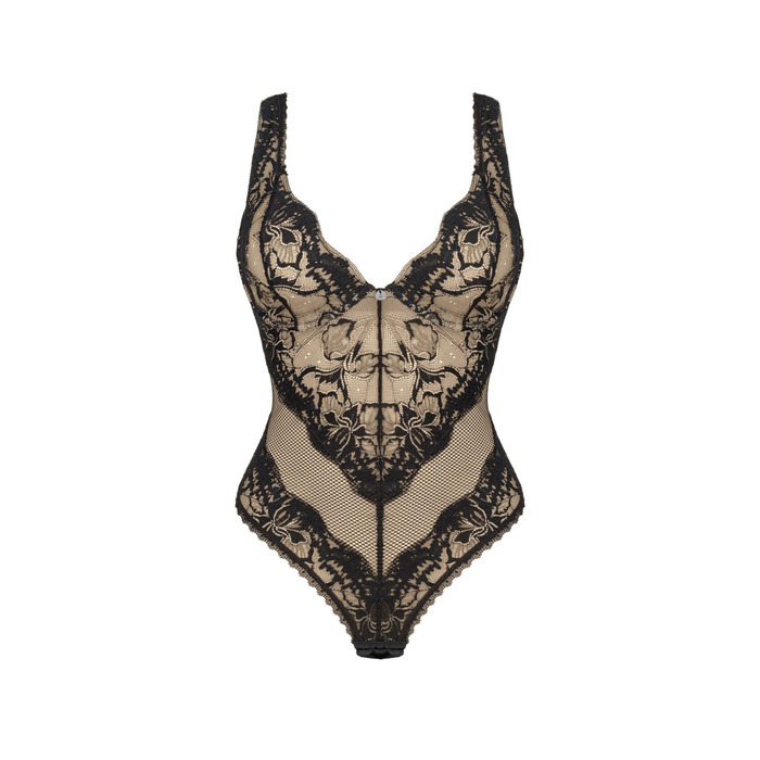 Боди кружевное Obsessive Olvidia спереди отделано нежной бежевой сеткой, черный, XS/S