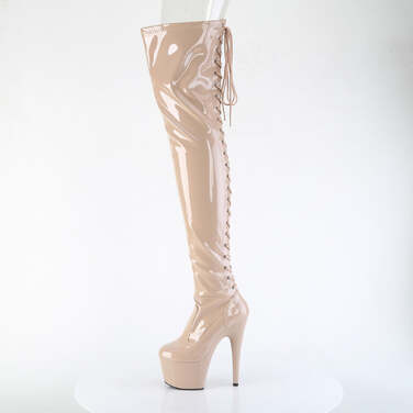 Сапоги Adore-3850, каблук 7 дюймов, высота ботинок 6 см, шнуровка сзади, эластичные сапоги до бедра, молния сбоку, лакированная кожа телесного цвета с эластичным лифом