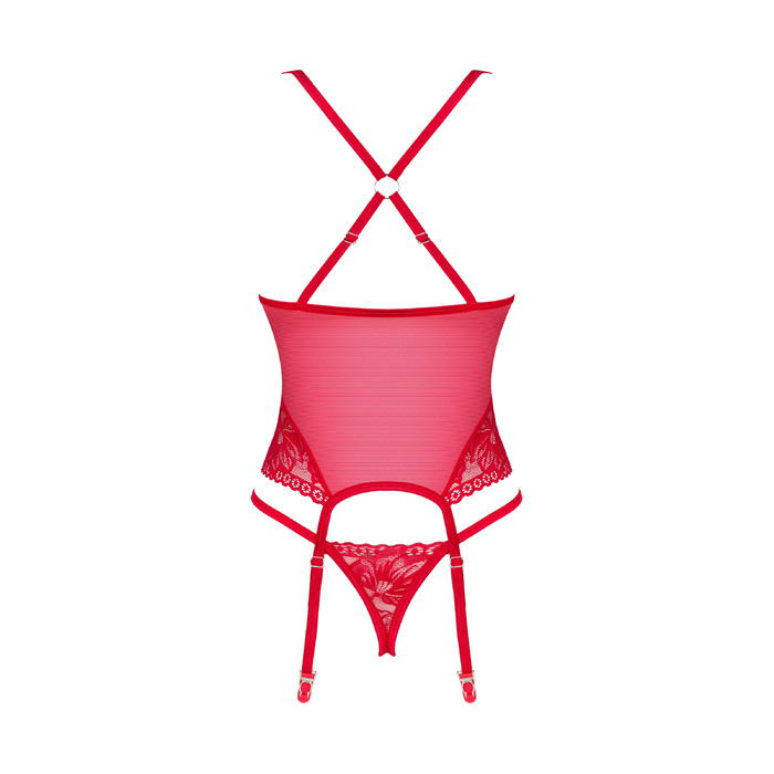 Прозрачный корсет с кружевными вставками и стринги Obsessive Lacelove красный, XS/S
