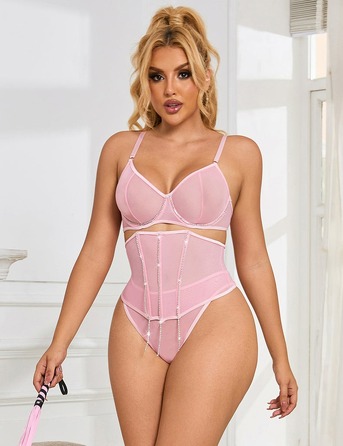 Сексуальний рожевий комплект Star Night з декоративними стразами та ланцюжками, M