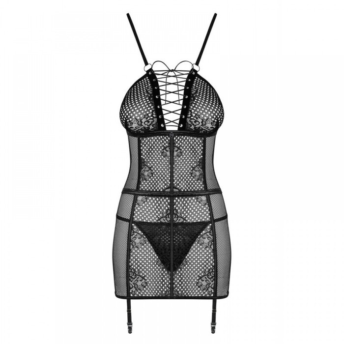 Пеньюар в сеточку Obsessive Basitta со шнуровкой, стринги в комплекте, черный, L/XL