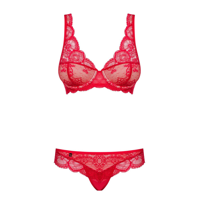 Комплект красного кружевного белья Obsessive 853-SET-3 с бежевыми вставками, S/M