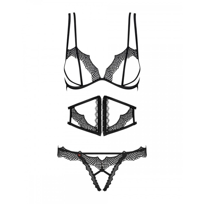 Комплект з бюстьє, трусиків та корсета з відкритими грудьми, Obsessive Bravelle чорний, L/XL