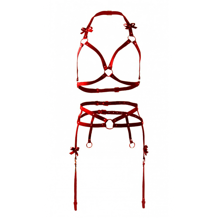 Портупея та пояс для панчох з бантиками Candy Hero 'Kit17' з екошкіри, червоні
