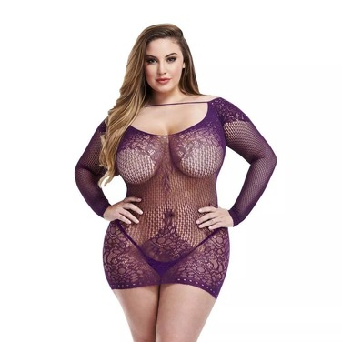 Кружевное мини-платье с длинными рукавами Lapdance Lingerie фиолетовое, Size Plus