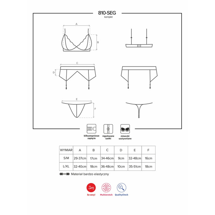 Комплект білизни мереживної Obsessive 810 з поясом для панчіх, білий S/M