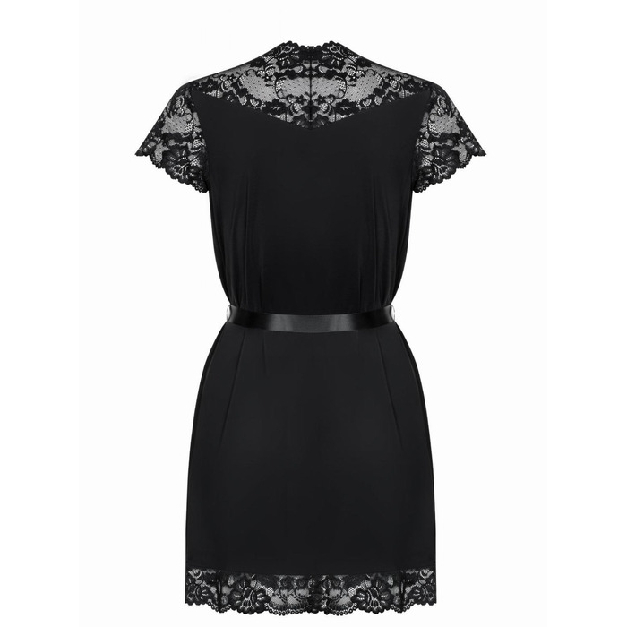 Халат атласный Obsessive 810-PEI-1 с кружевами, черный, S/M