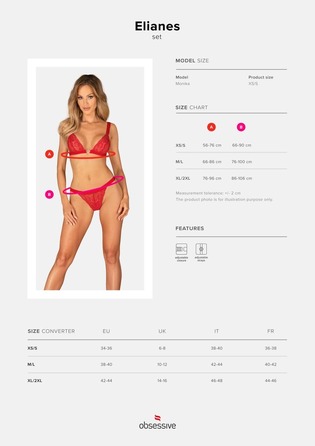 Комплект Obsessive Elianes, червоний, XS/S