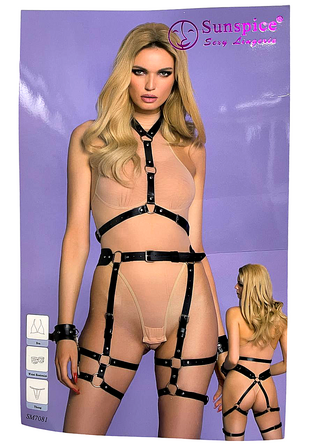 Комплект БДСМ Sunspice портупея с гартерами и наручники, черный, O/S