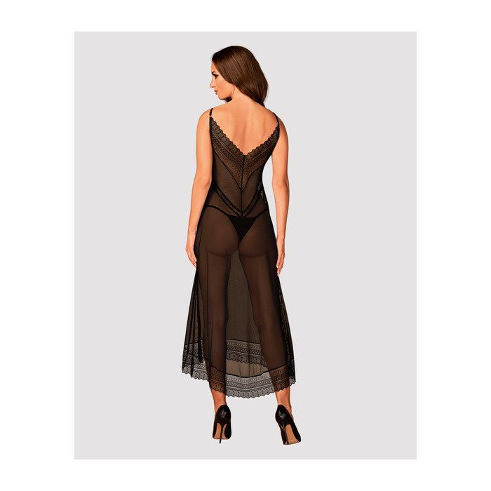 Пеньюар длинный Obsessive Estiqua с открытой спиной, черный, M/L