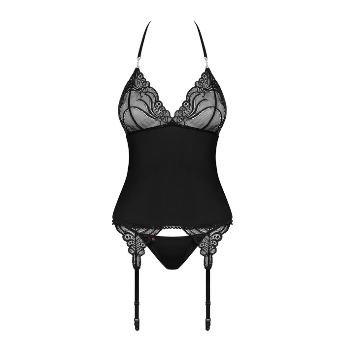 Корсет мереживний з трусиками Obsessive 828-COR-1, чорний, S/M