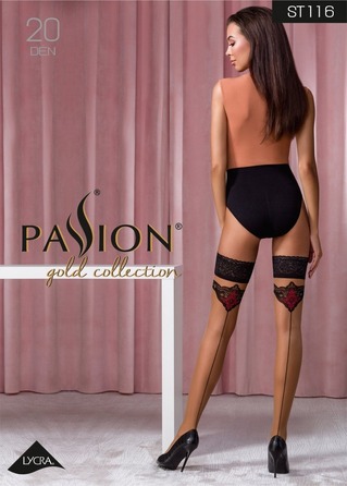 Мереживні панчохи ST116 бежеві з чорно-червоним оздобленням 1/2 (20 den) - Passion