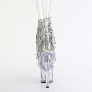 Ботинки Spectator-1017RSF, каблук 7 дюймов, фактурный PF, открытый носок/пятка 3 дюйма, шнуровка, бахрома до щиколотки, прозрачный/серебристый