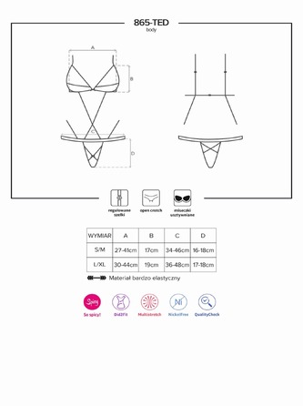 Боди с тонкими стрепами и кружевными вставками Obsessive 865-TED-1 черный, L/XL