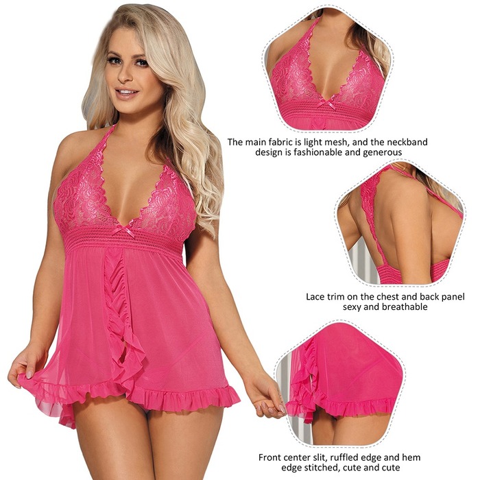 Пеньюар с трусиками Star Night с разрезом спереди и оборками, розовый, XS-S
