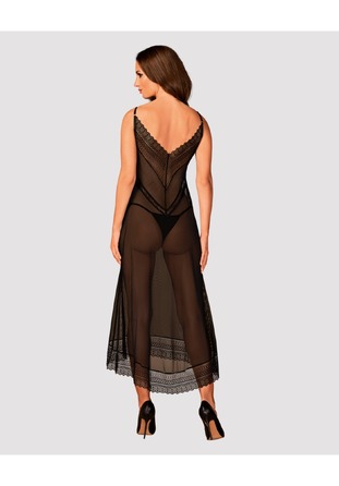 Пеньюар длинный Obsessive Estiqua с открытой спиной, черный, M/L